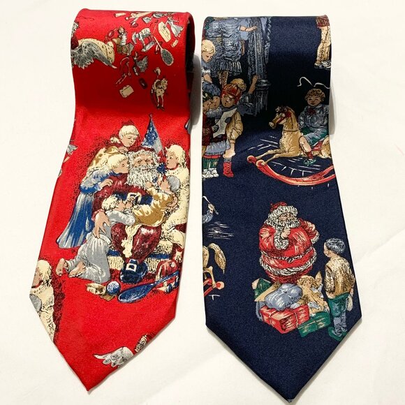 Wembley Mens Santa Christmas Holiday 100% Silk Tie Blue Red Made In USA Lot Of 2 - Picture 2 of 8